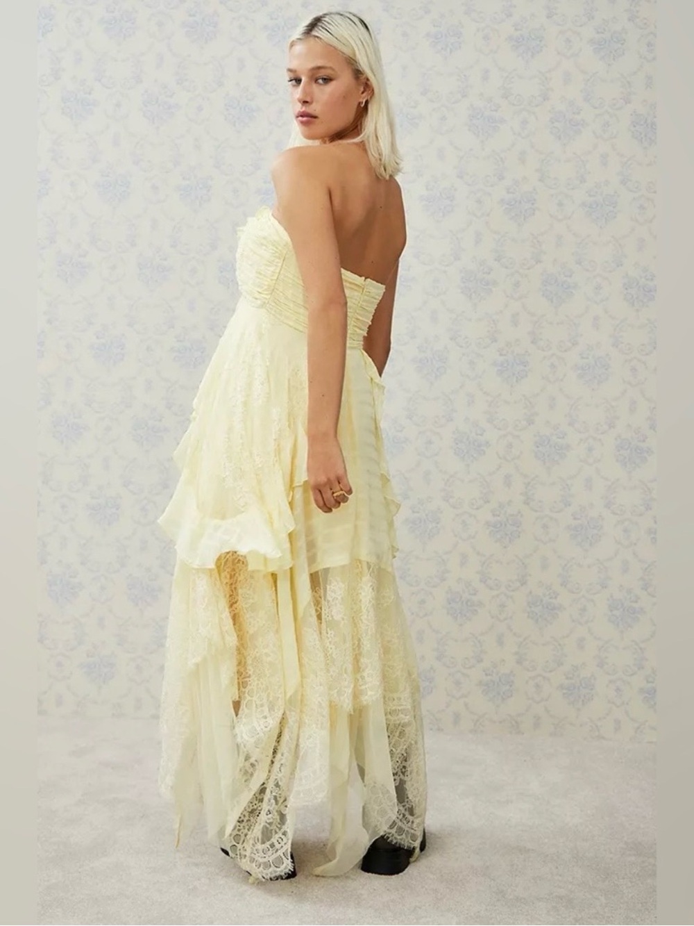 Free People Bliss Lace Kerchief Hem Strapless Maxi Dress Yellow Size Large - Picture 4 of 16
